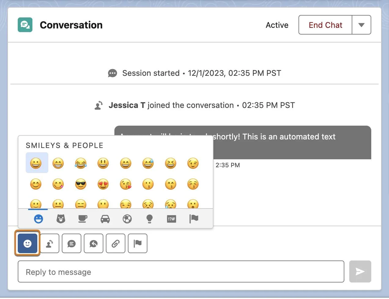 Enhanced conversation component with the Emoji button highlighted.