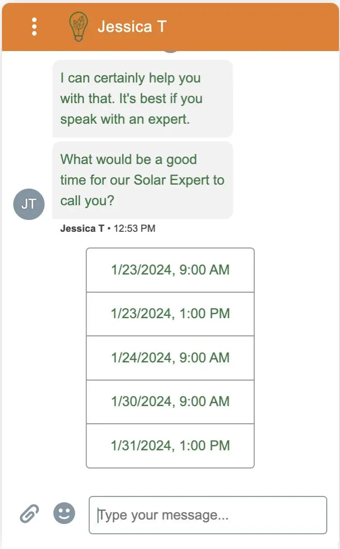 End-user’s messaging conversation window with a Time Selector messaging component in the thread.