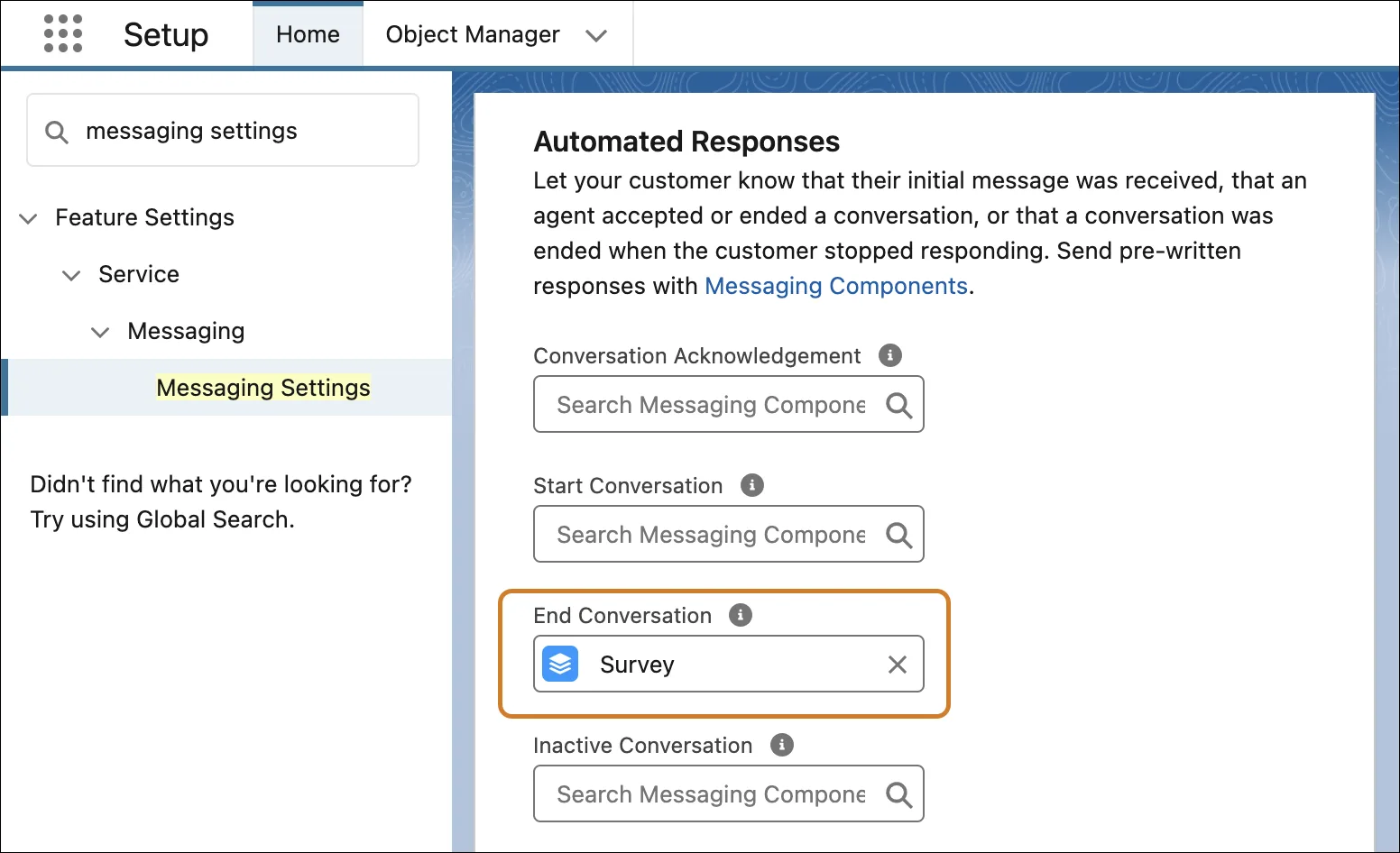 [End Conversation (会話を終了)] 項目に自動レスポンスコンポーネントが表示されている [Messaging Settings (メッセージング設定)] エディター。