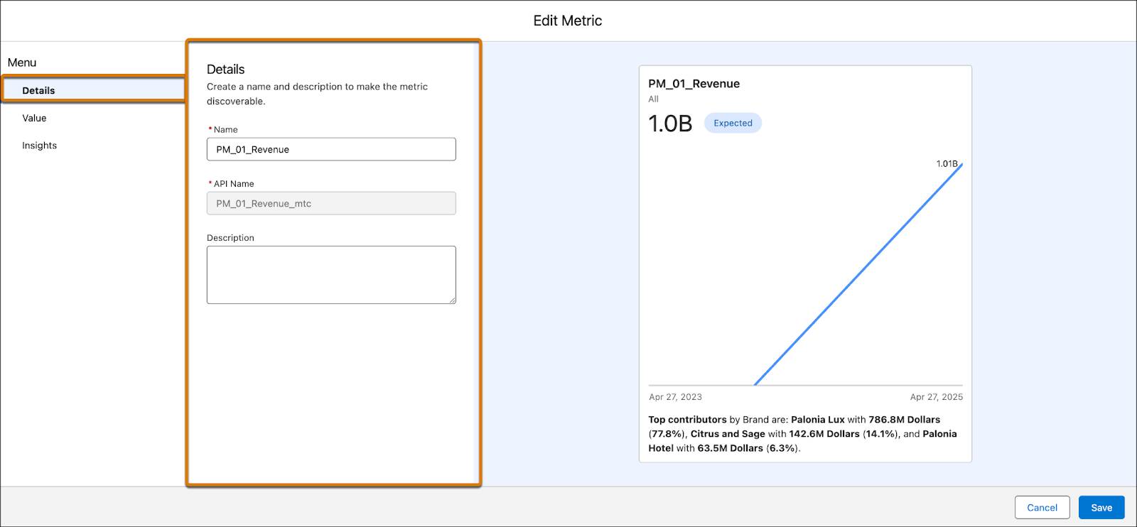 New Metric window with the Details pane expanded.