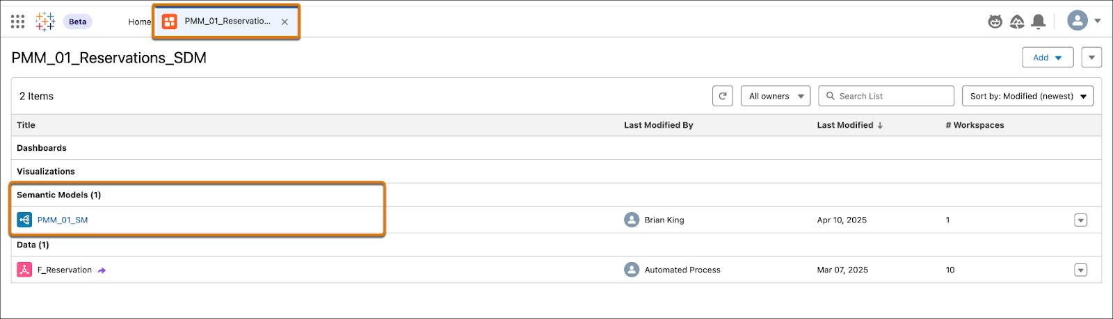 View of semantic models from a Tableau Next workspace.