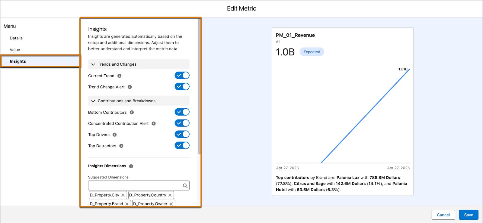 Edit Metric window with the Insights pane expanded.