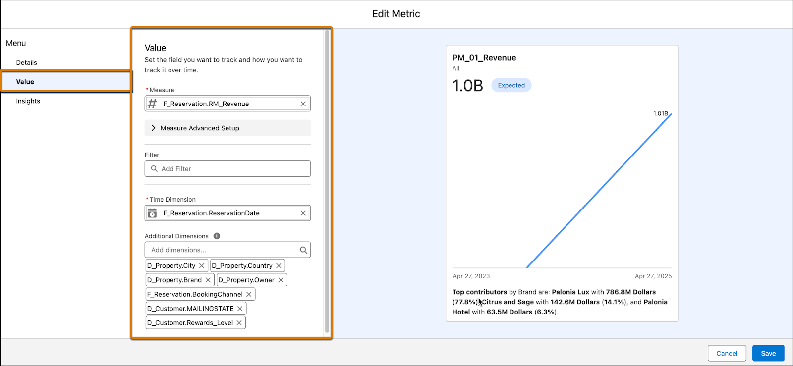New Metric window with the Value pane expanded.