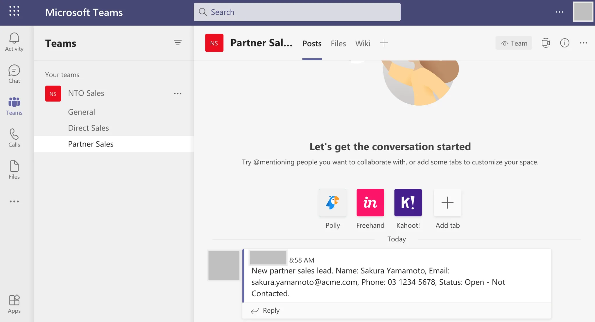 Partner Sales channel showing the test lead notification.