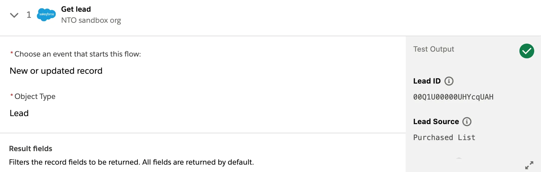 Tested flow showing a green check mark for step 1.