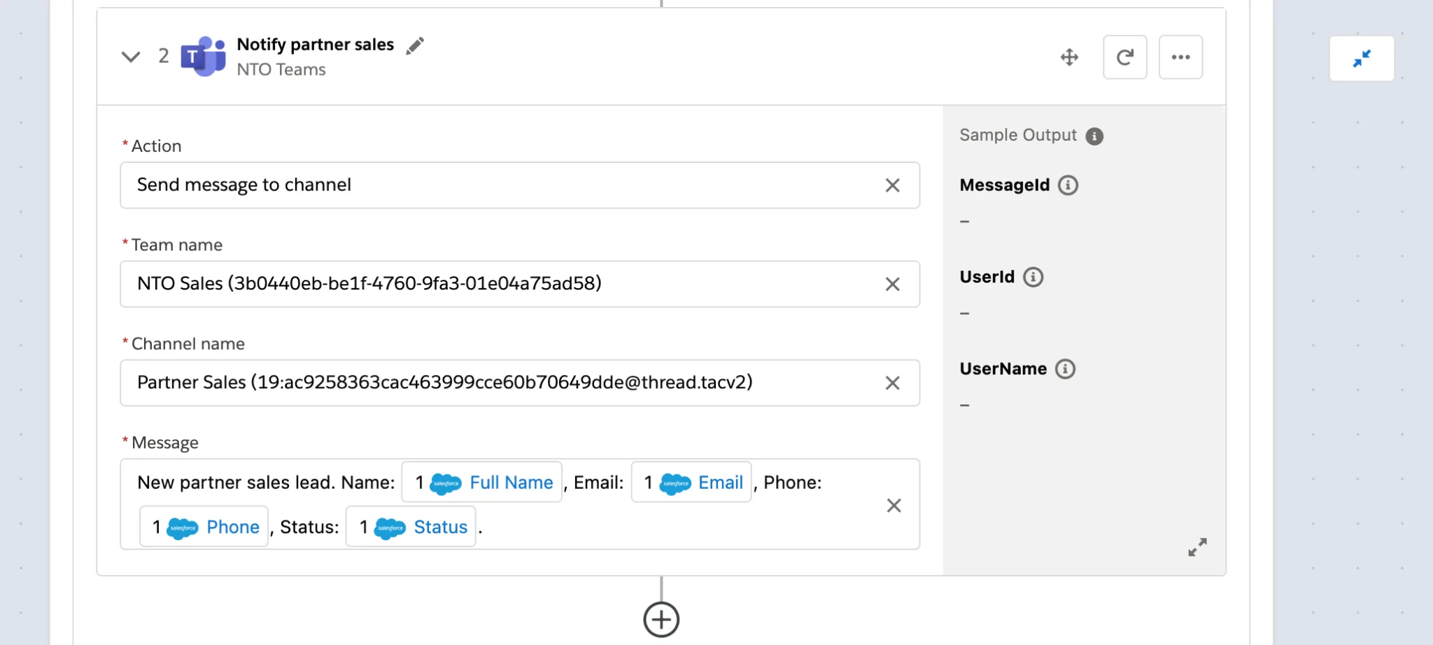 Step 2 of flow within If branch showing message sent to the partner sales channel.