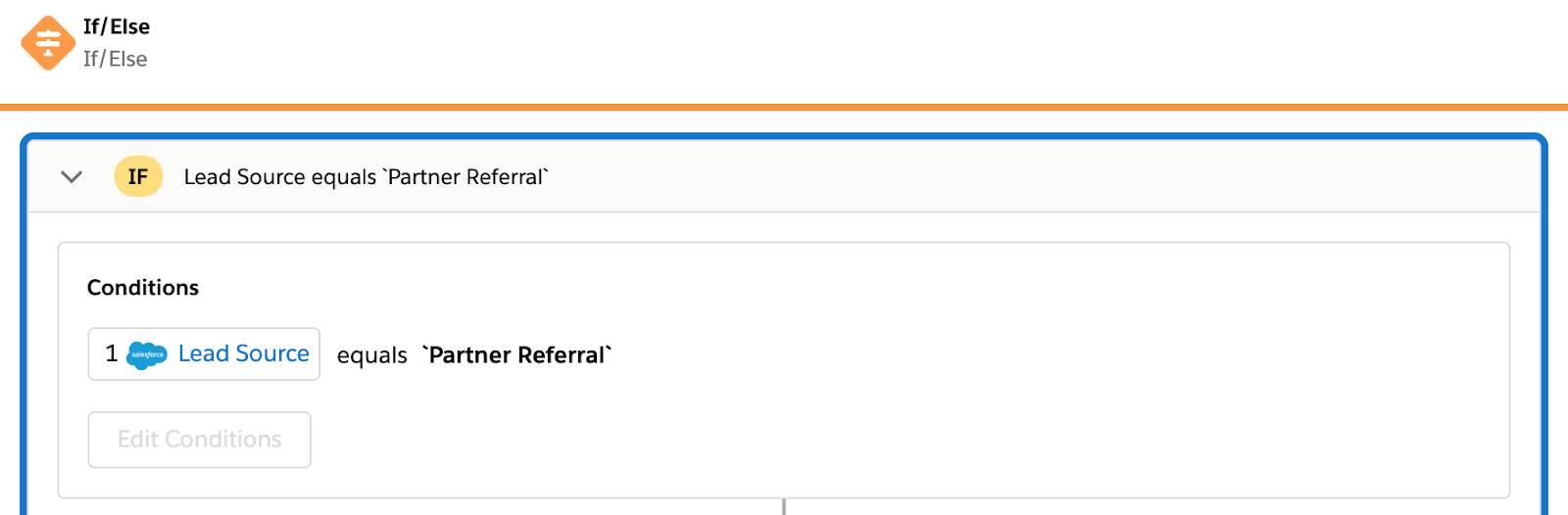 Tested flow showing If/Else block to determine if lead source is partner referral.