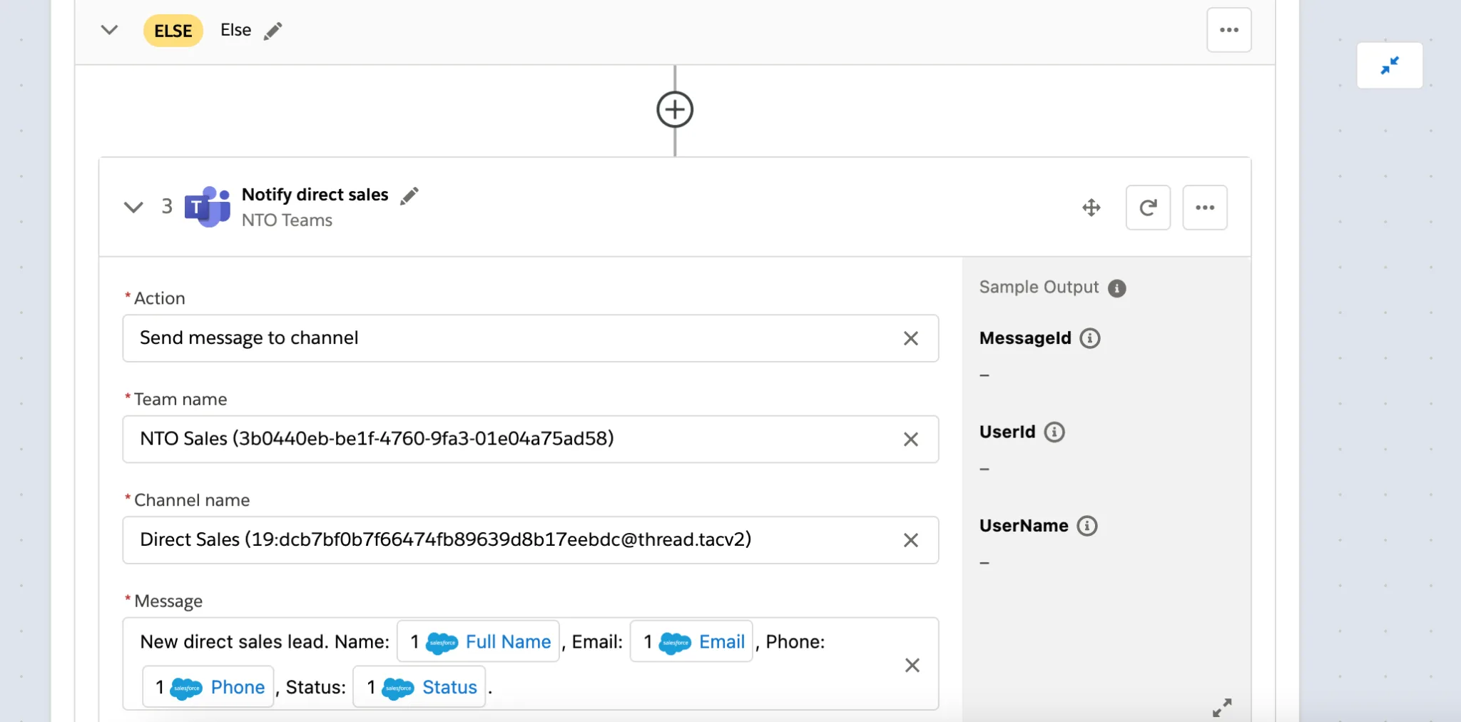 Step 3 of flow within Else branch showing the message sent to direct sales channel.