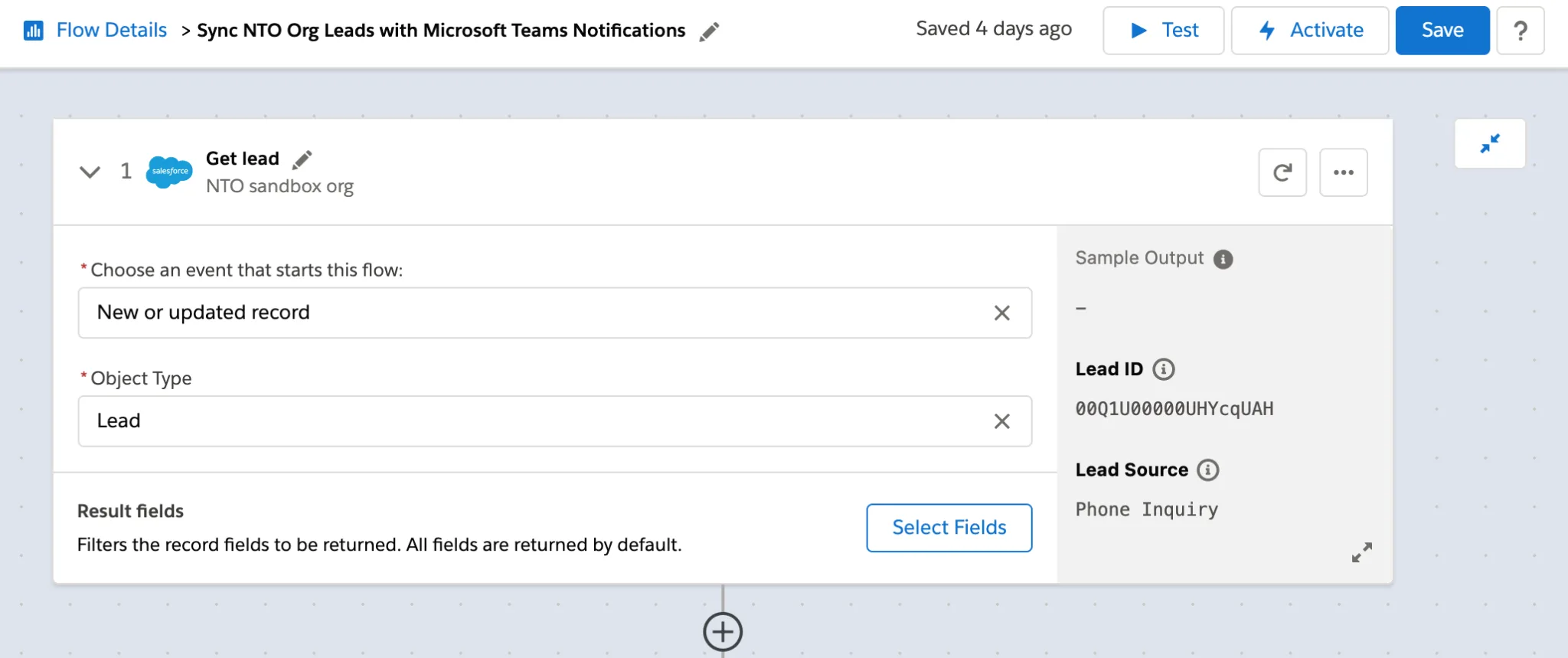 Step 1 of flow showing new or updated lead as the trigger.