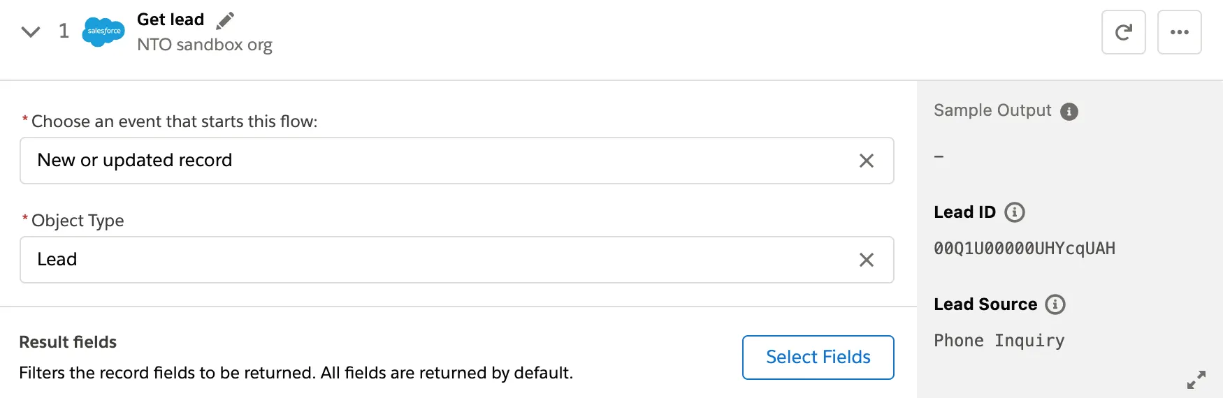 Step 1 of flow with trigger event and object type fields and Select Fields button.