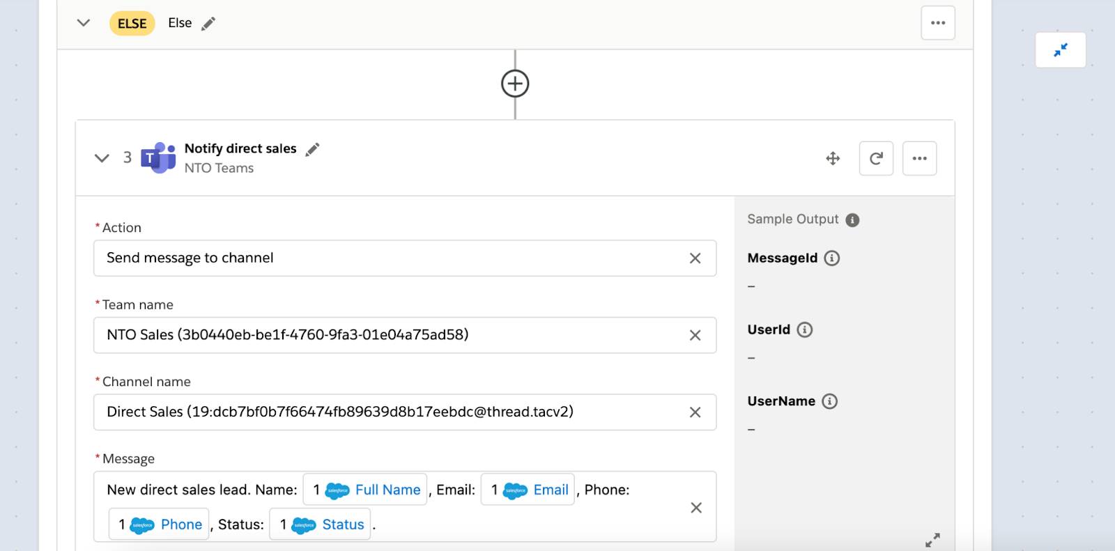 Step 3 of flow within Else branch showing the message sent to direct sales channel.