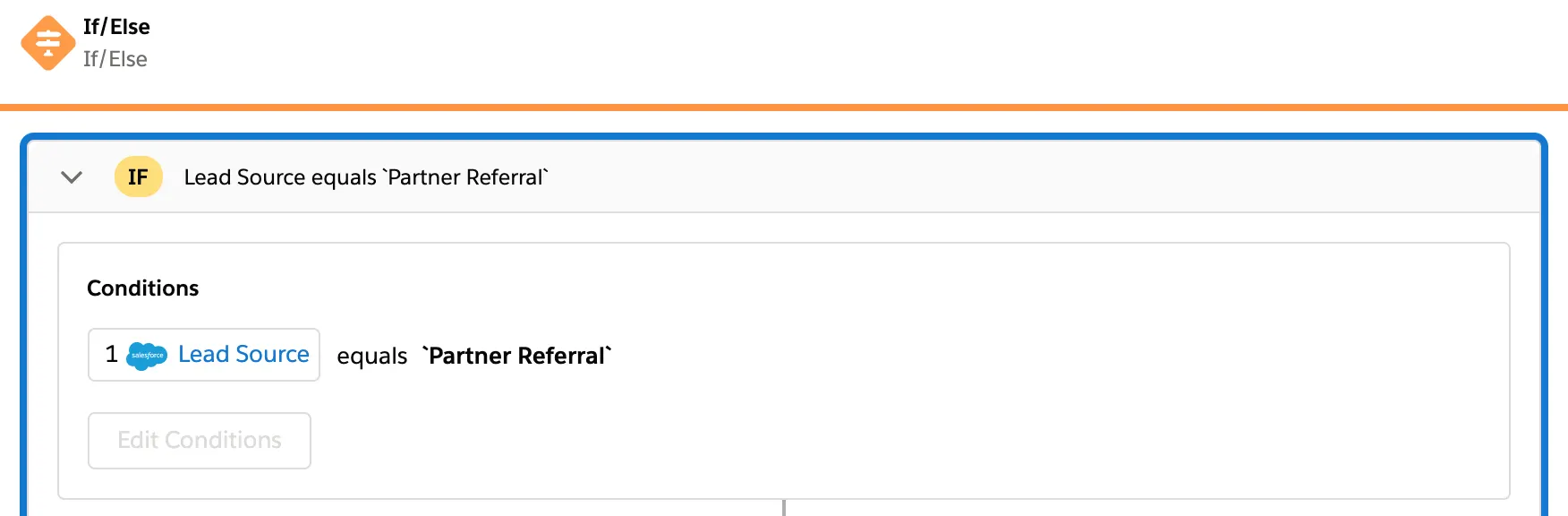 Tested flow showing If/Else block to determine if lead source is partner referral.