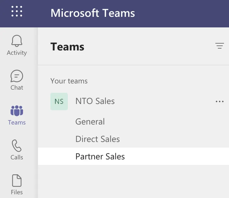 直接販売チャネルとパートナー販売チャネルが表示されている Microsoft Teams の NTO 営業チーム。