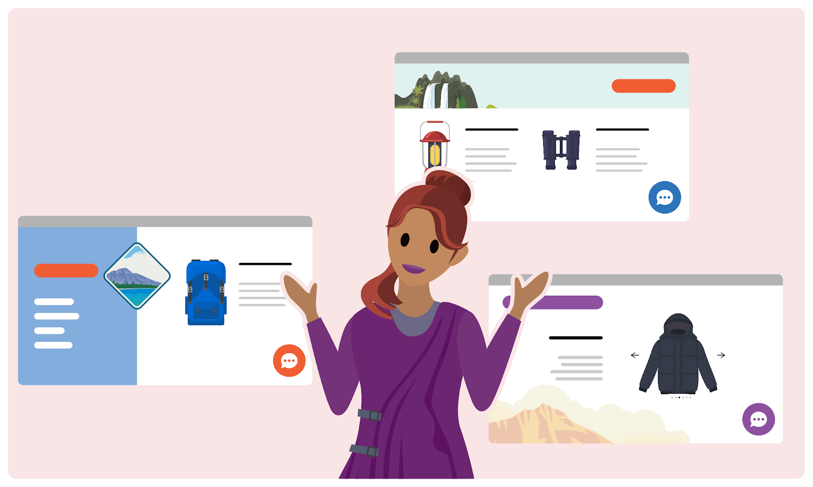 A smiling person with three computer screens, each showing a different outdoor gear site with chat widget