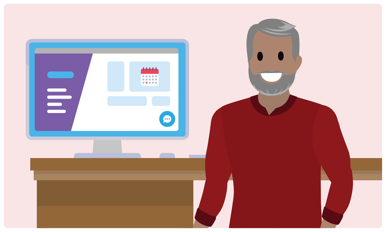 A smiling person next to a computer whose screen shows an event planning website with chat widget