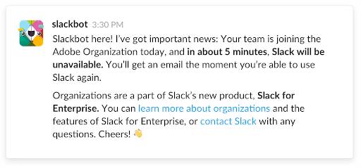 Slack five minute warning message about Slack being unavailable due to a migration.