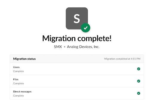 Slack message confirming that the migration is complete.