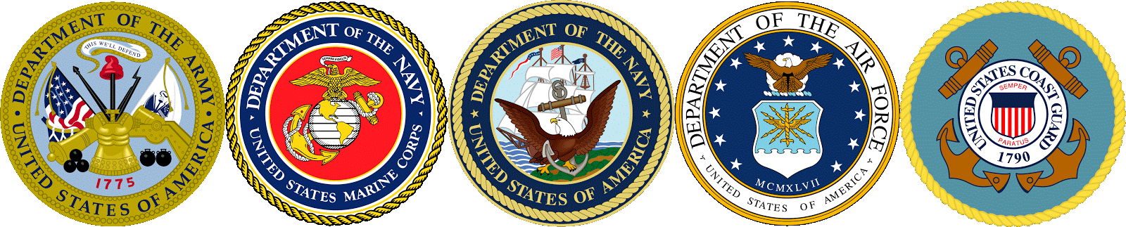 Logos of the four branches of the US military and the coast guard