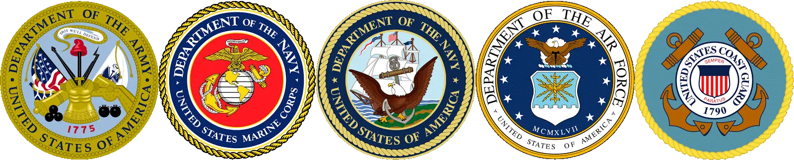 Logos of the four branches of the US military and the coast guard