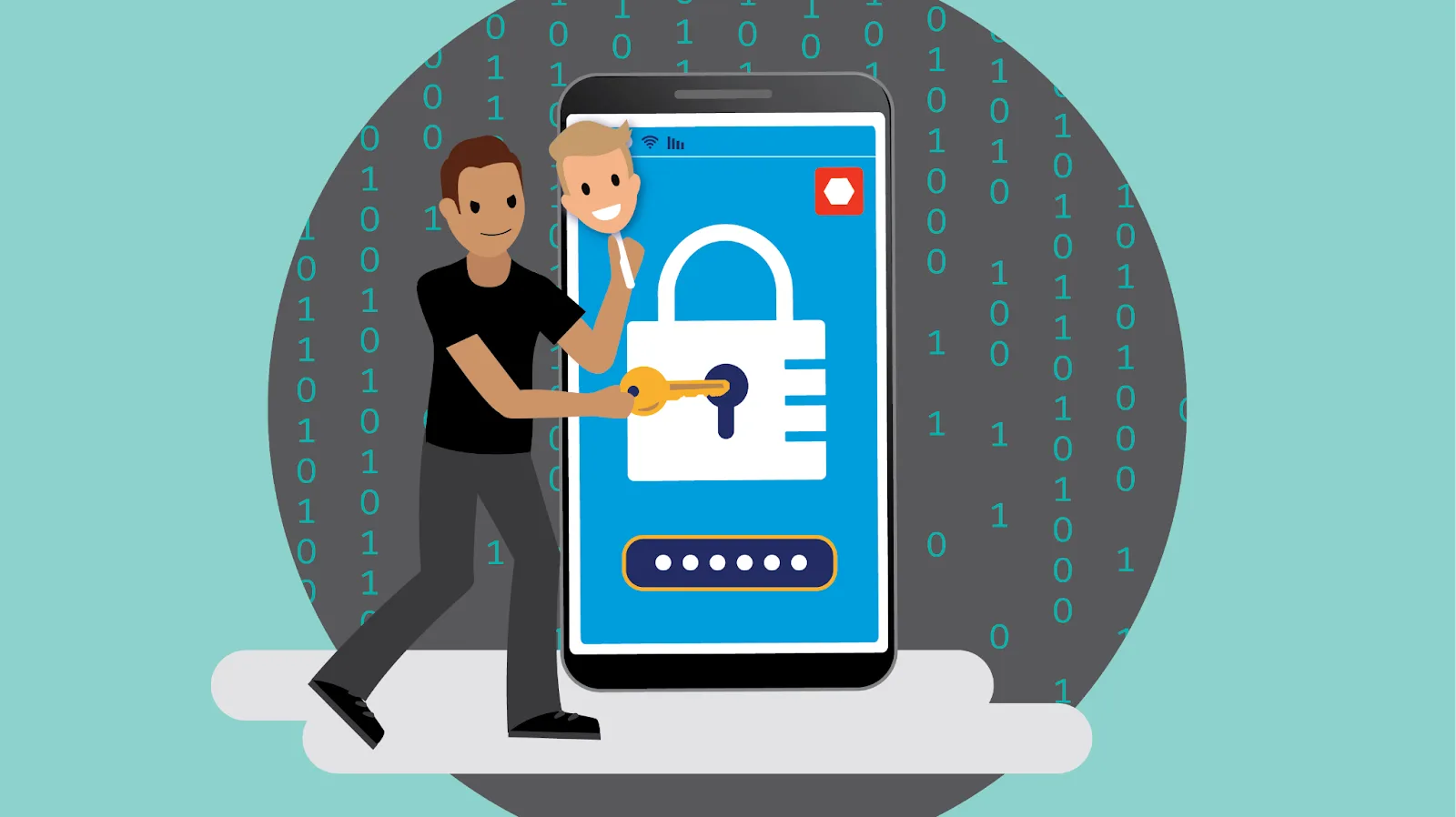 An attacker holding a key and holding up a masquerade mask gaining access to an app on a mobile phone