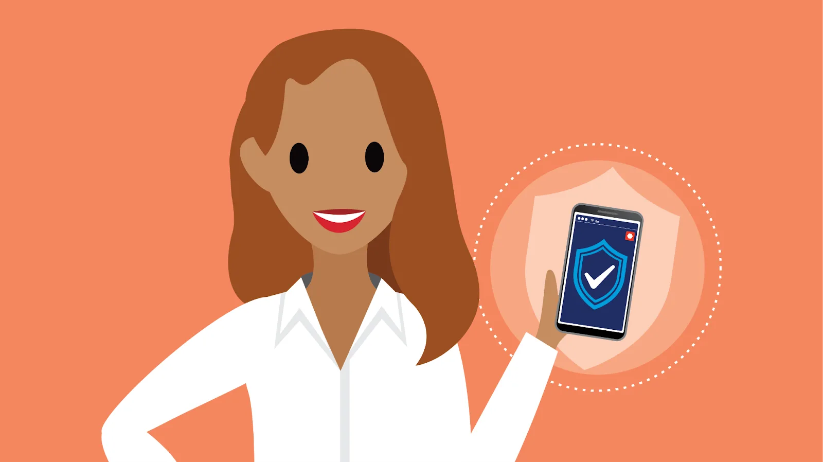 Angeli holding a mobile device with a shield and a checkmark on it