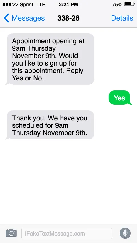 An SMS message asking the customer to reply Yes or No to sign up for an available 9:00 AM appointment time. The customer replies Yes and the brand responds with a thank-you SMS message.