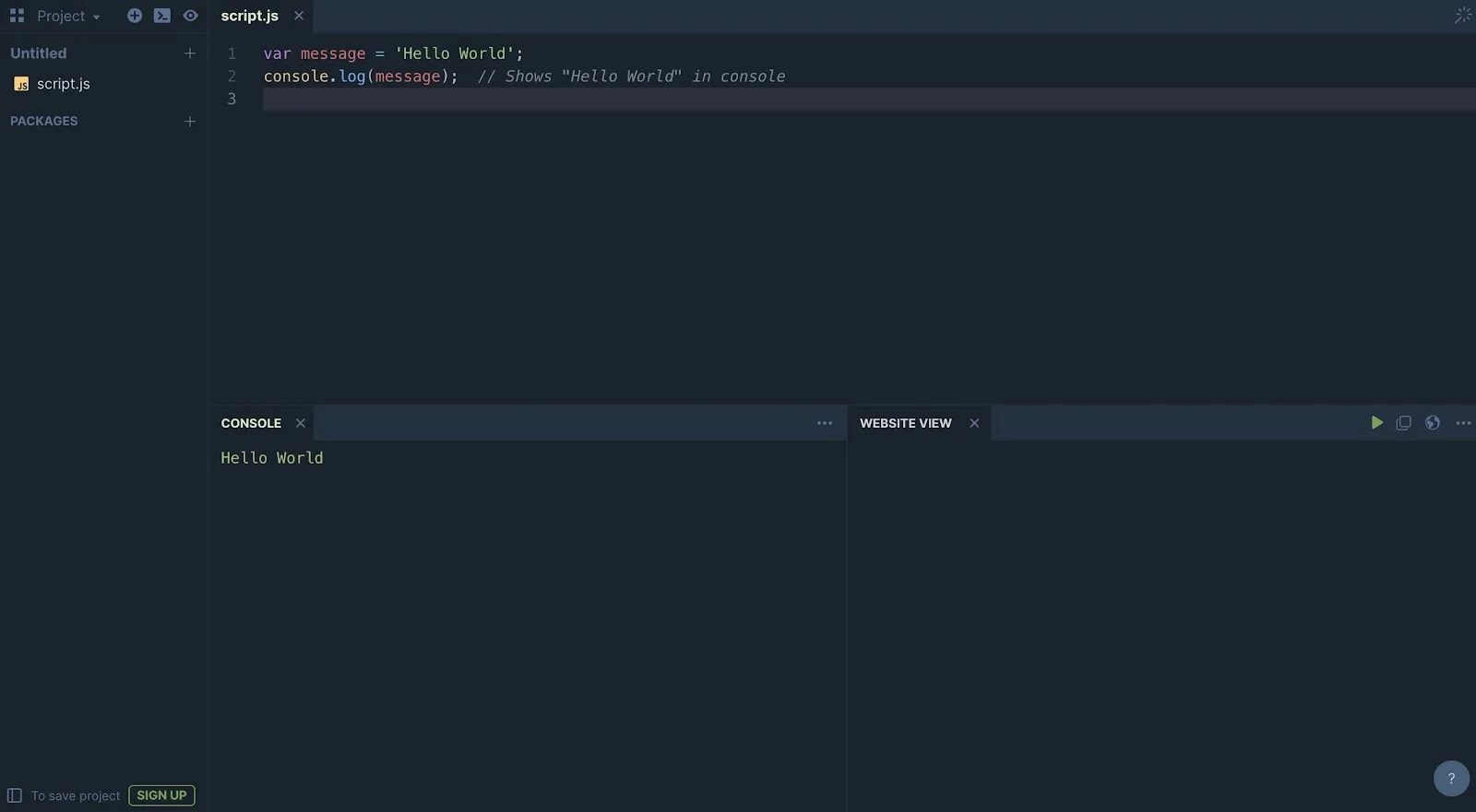 PlayCode editor used to execute JavaScript that writes the words Hello World to the Console.