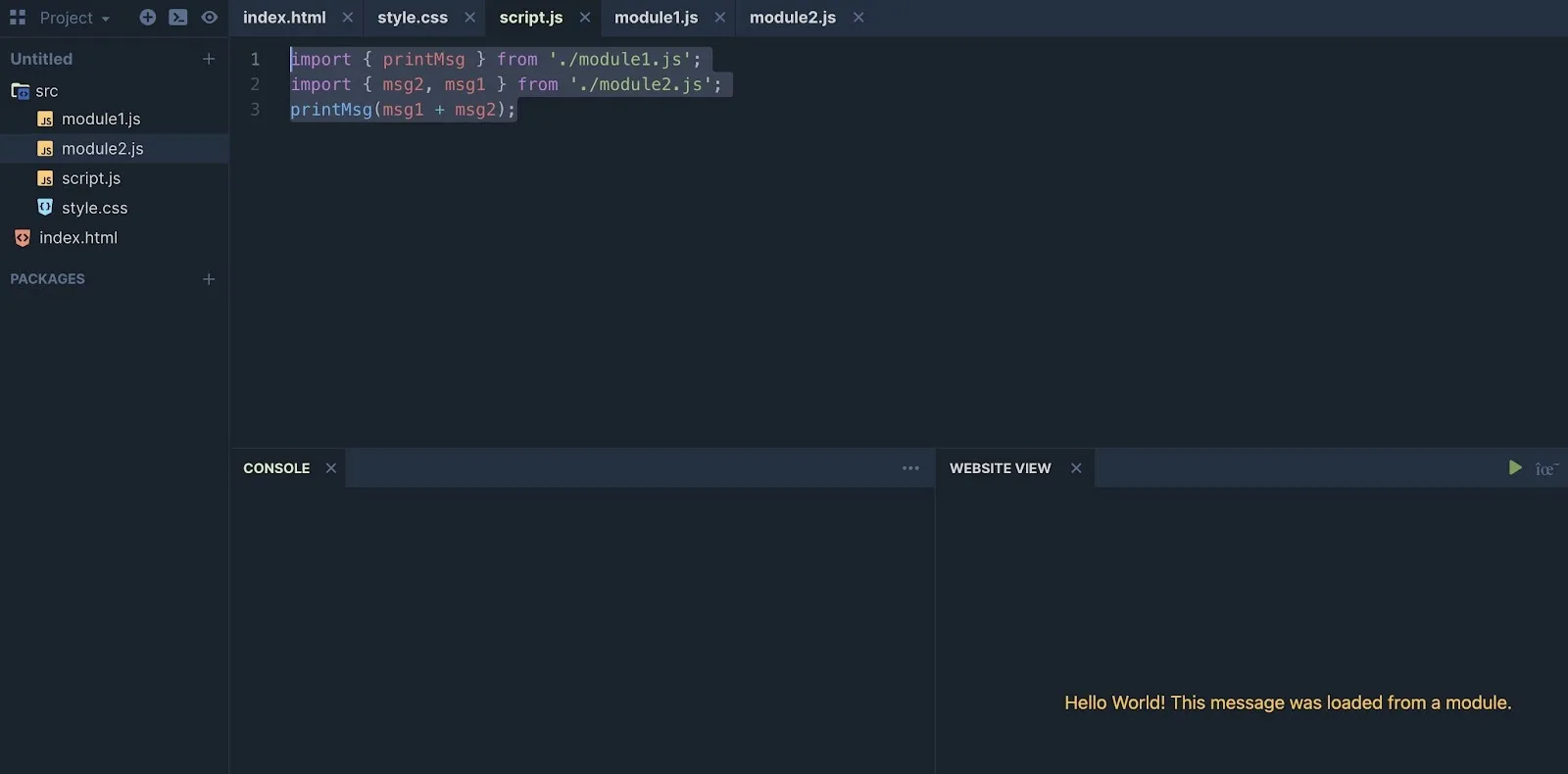 PlayCode editor showing a new project that was used to load modules and display a message.