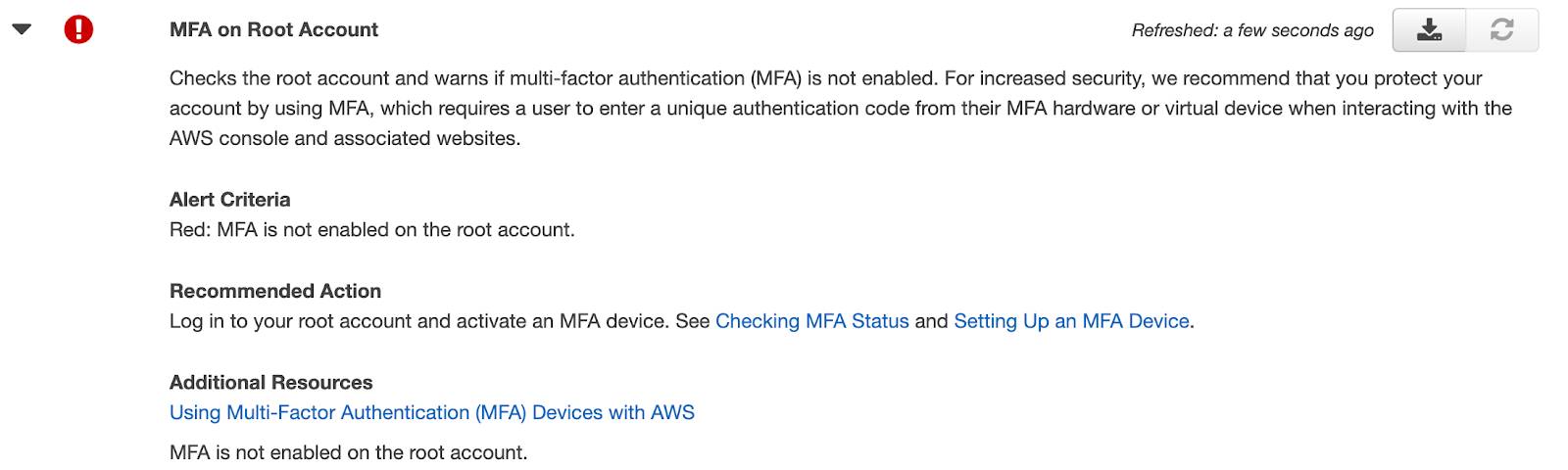 MFA on Root Account action that shows a recommended action to take; also showing Alert Criteria and Additional Resources.