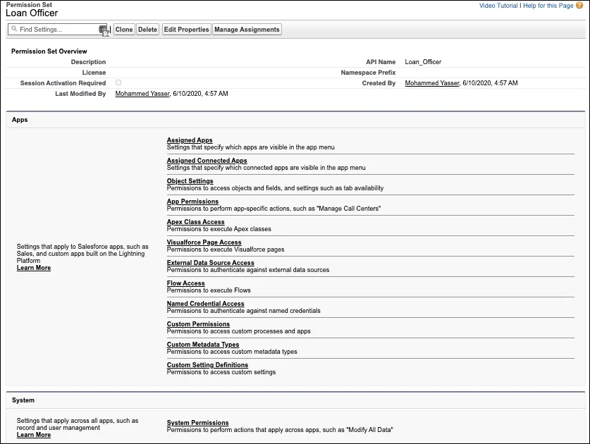 The Loan Officer permission set page.