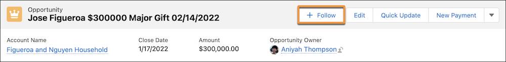 The Follow button on an opportunity record.