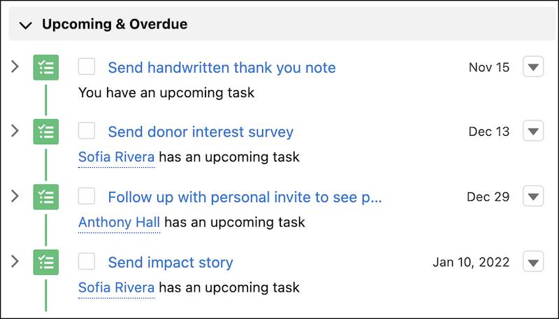 Newly generated tasks in the Activity panel on a contact record.