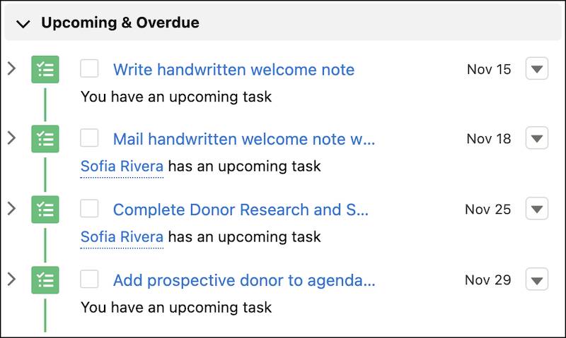 Newly generated tasks in the Activity panel on a contact record.