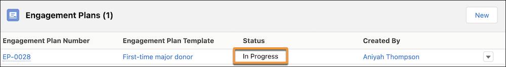 The Engagement Plans related list with one engagement plan listed as In Progress as its status.
