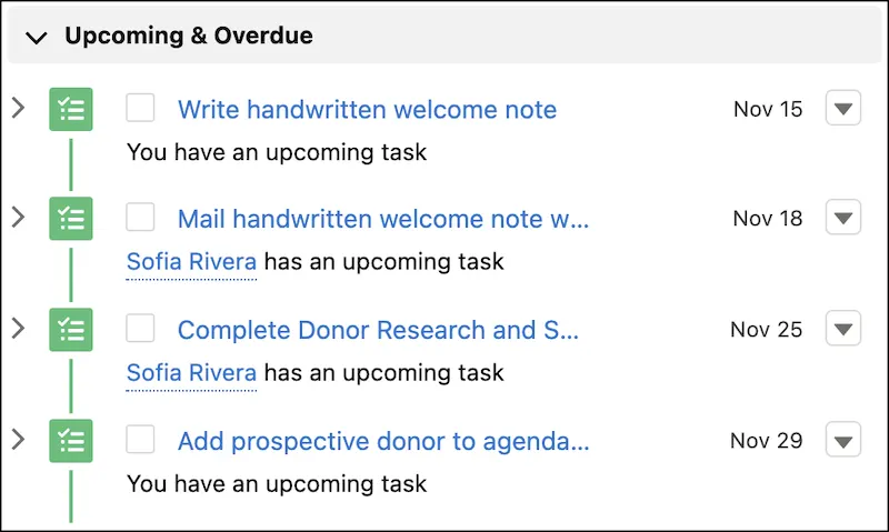 Newly generated tasks in the Activity panel on a contact record.