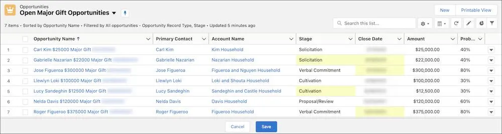 Fields in a list view highlighted yellow to show unsaved changes.