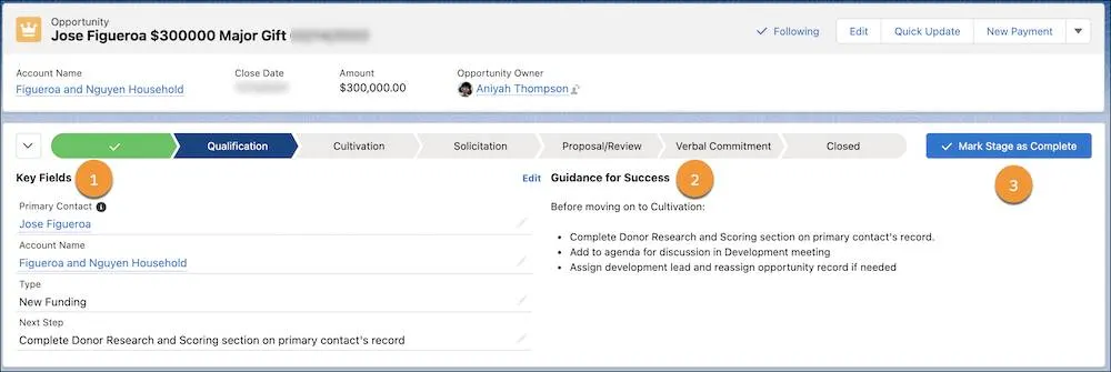 Path on an Major Gift opportunity record with 1) Key Fields, 2) Guidance for Success, and 3) the Mark Stage as Complete button