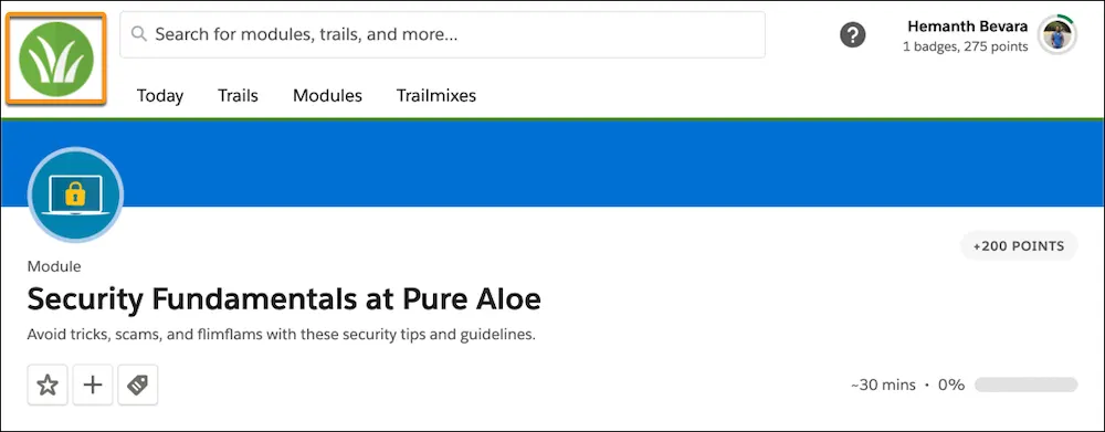 Module on an enablement site, showing the Pure Aloe logo.