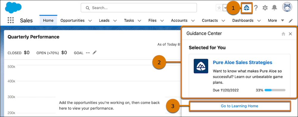 Learning Paths panel in Lightning Experience, showing a module assigned to the user.