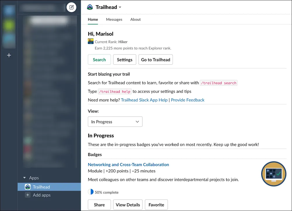 L’application Trailhead dans Slack, connectée au site enablement de Pure Aloe.