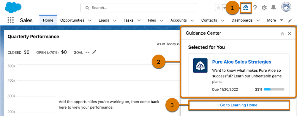 Panneau Parcours d’apprentissage dans Lightning Experience, affichant un module attribué à l’utilisateur.