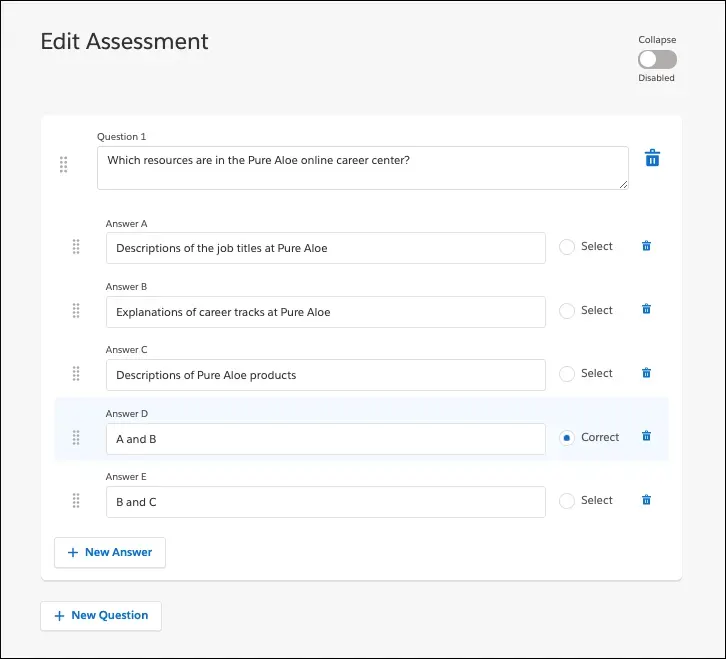 Edit Assessment page in Trailmaker Content, showing a quiz question and answers