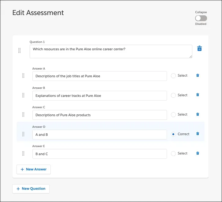 Page Modifier l’évaluation dans Trailmaker Content, montrant une question d’un questionnaire et ses réponses