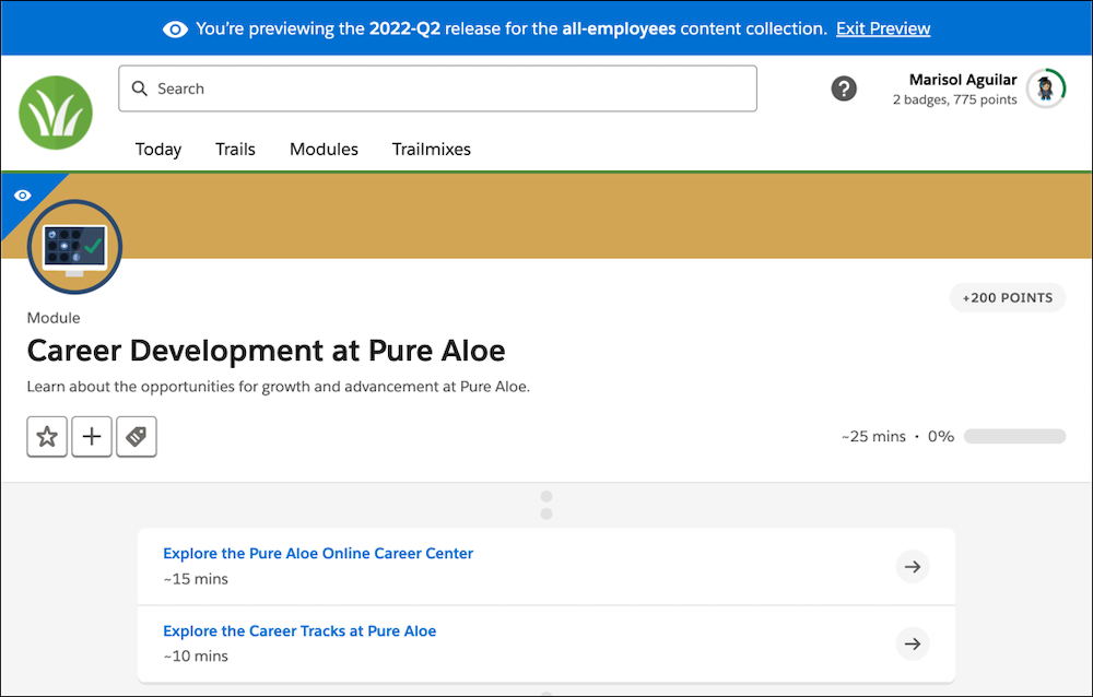 プレビューモードの「Career Development at Pure Aloe (Pure Aloe でのキャリア開発)」モジュール