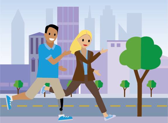 Two people wearing sneakers, running.