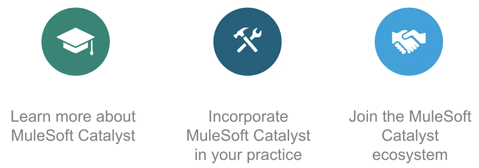 Your next steps include learning more about MuleSoft Catalyst, incorporating MuleSoft Catalyst in your practice, and joining the MuleSoft Catalyst ecosystem.