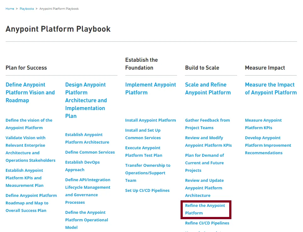 Catalyst methodology playbook page for Anypoint Platform showing phases, activities, and steps.