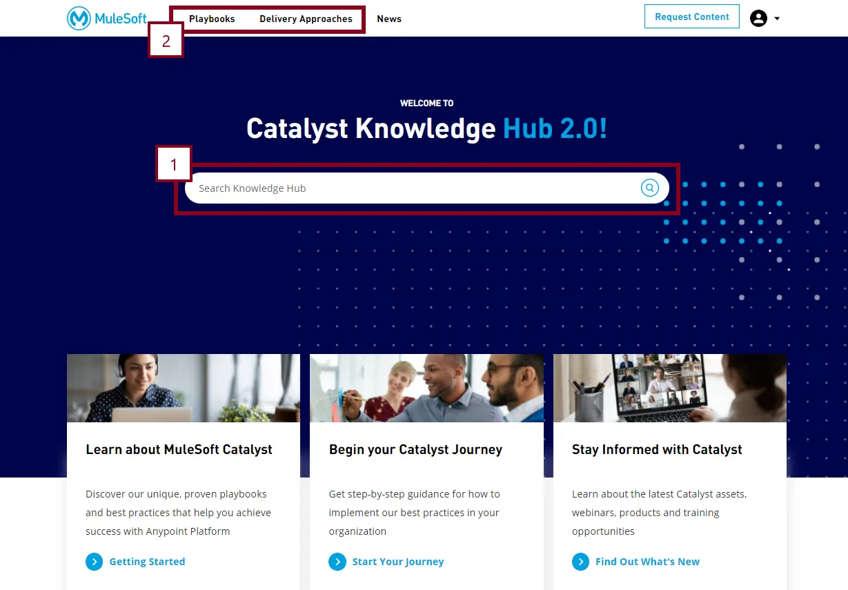 Catalyst Knowledge Hub landing page navigation, including search box, Catalyst Playbooks, and MuleSoft Delivery Approaches.