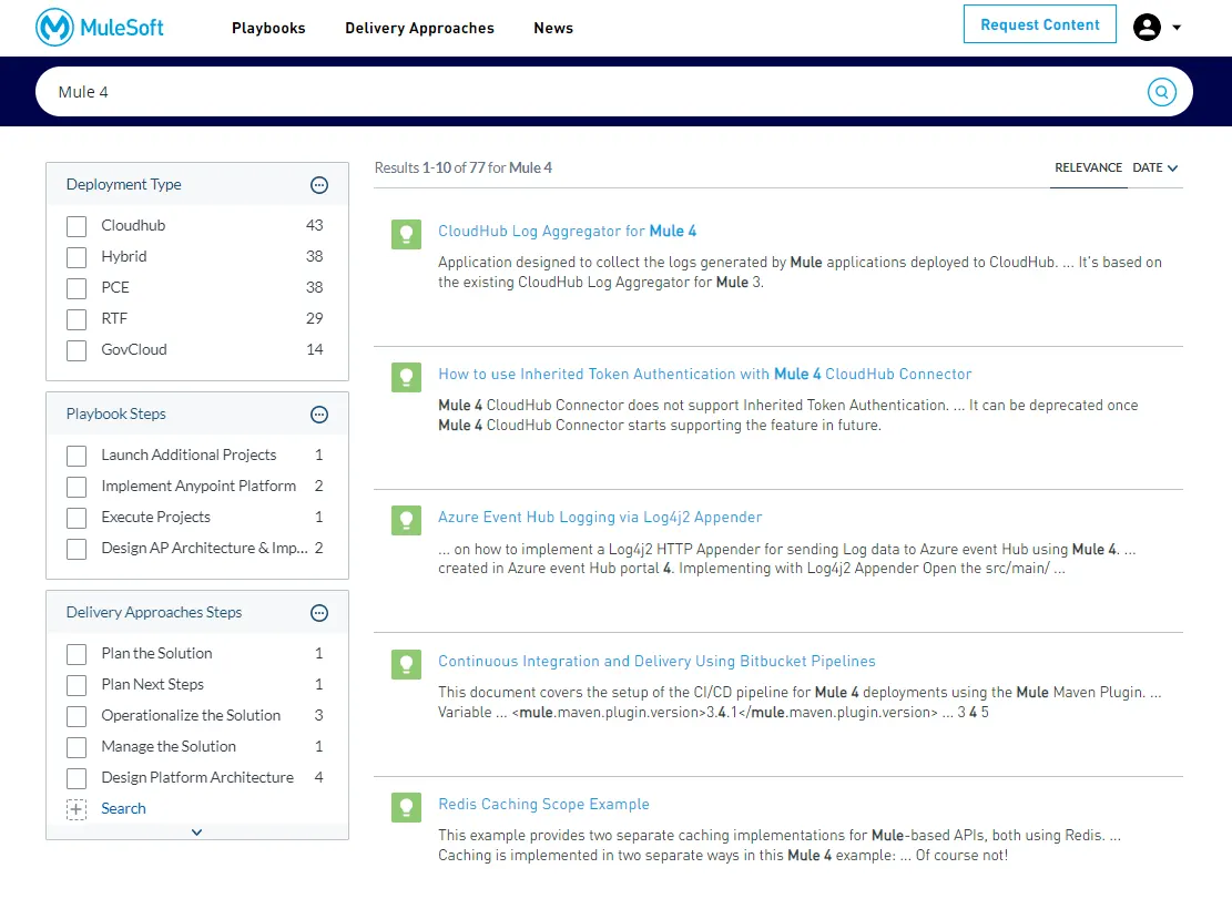 Catalyst Knowledge Hub search results page for Mule 4 search term showing deployment type, playbook steps, and delivery approach steps filters.