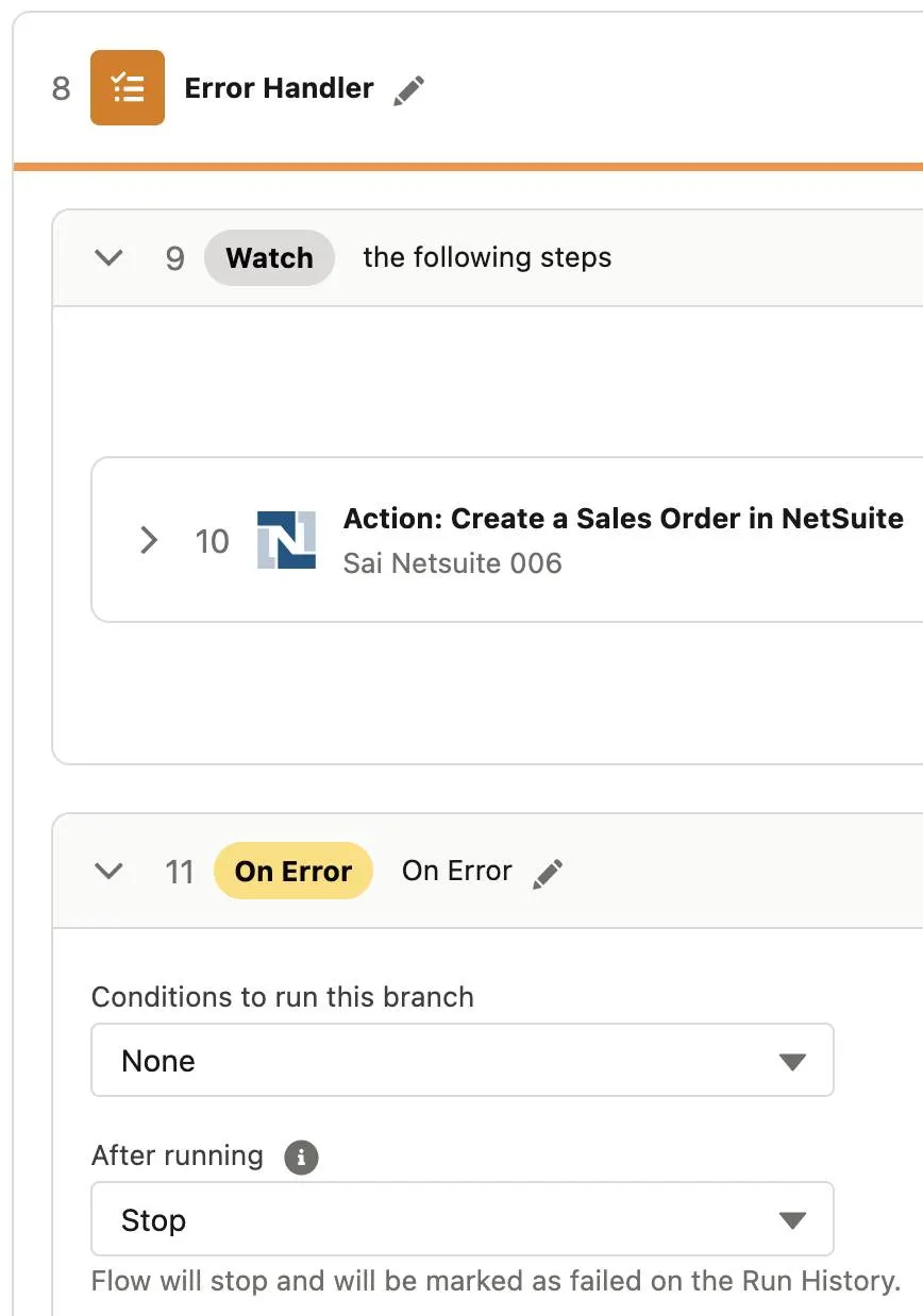 Error Handler block, showing a Watch section and an On Error section.